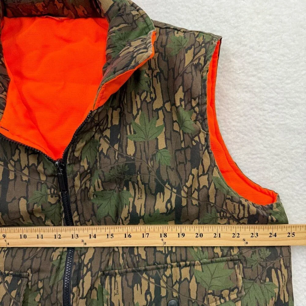 VTG Winchester Reversible Trebark Camo Orange Quilted Zip Up Vest Hunting Mens L
